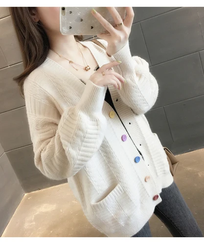 Rice white Осенний модный свитер кардиганы женские с v-образным вырезом карманы с длинным рукавом Повседневные Большие размеры кардиганы пальто Женский пуловер - Цвет: Rice white