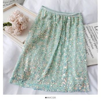 

knee length rainbow skirts women shiny dancing club skirts femme bling bling sequins skirt