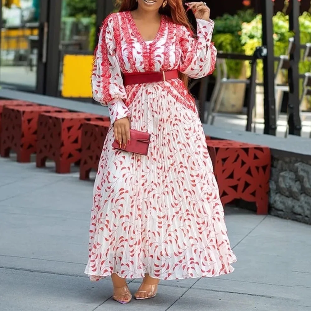 

Pink Pleated Printed A Line Dress 2020 Spring African Lantern Sleeve Long Maxi Dresses Robe Casual Date Sweet Femme Vestiods OL