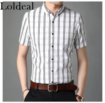 

Loldeal Men Short-sleeved Shirt Slim Soft Cotton Plaid Batik Casual Lapel