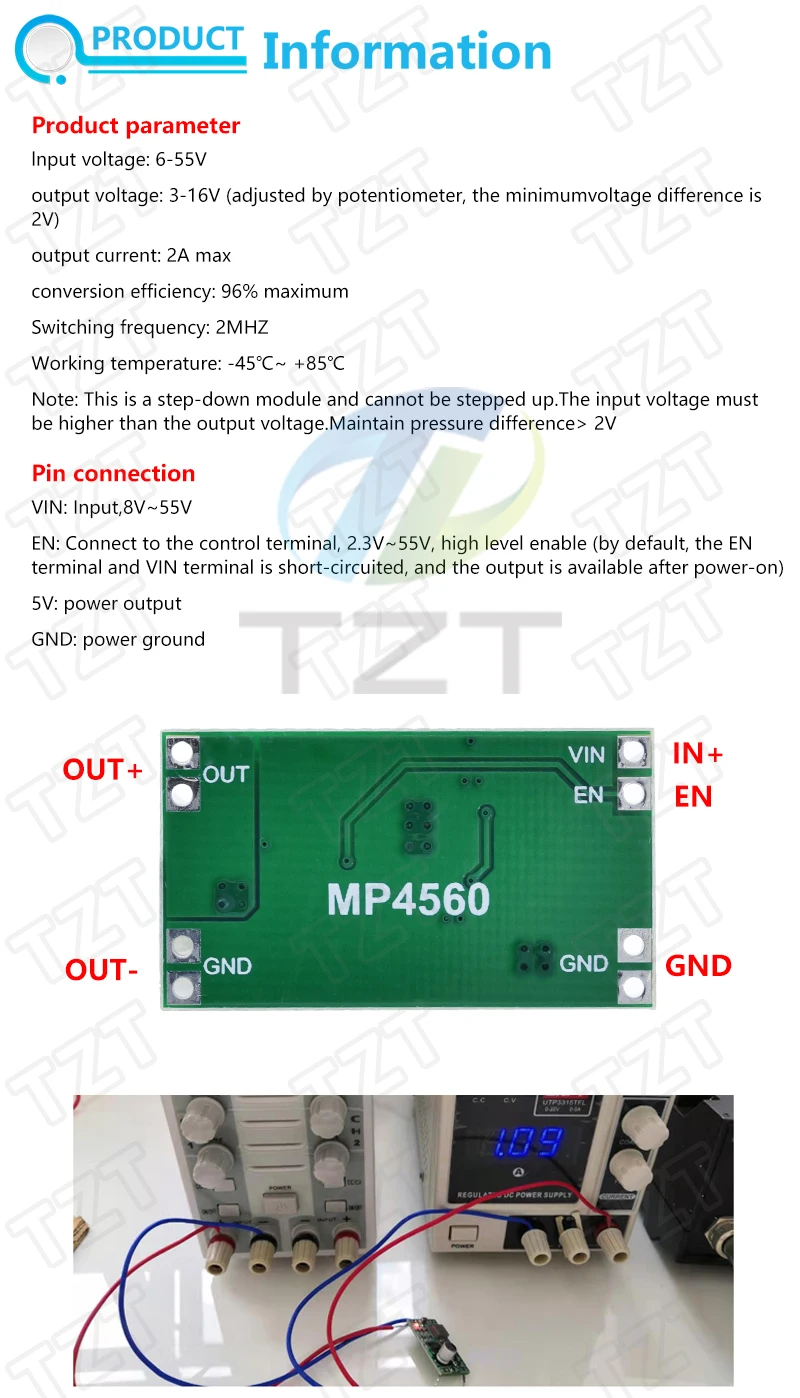 TZT 1/3PCS 2A DC-DC MP4560 Step-down Stabilisiertes Spannungsversorgungsmodul, Ausgang 8~55V bis 12V 9V 5V 3V – Detail 1