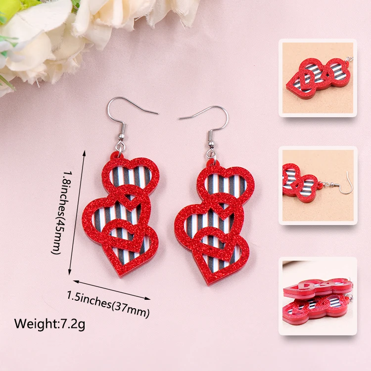 45mm 2022 New Valentine Gift Dangle Heart Earrings For Women Laser Cut Red Glitter Acrylic Earring