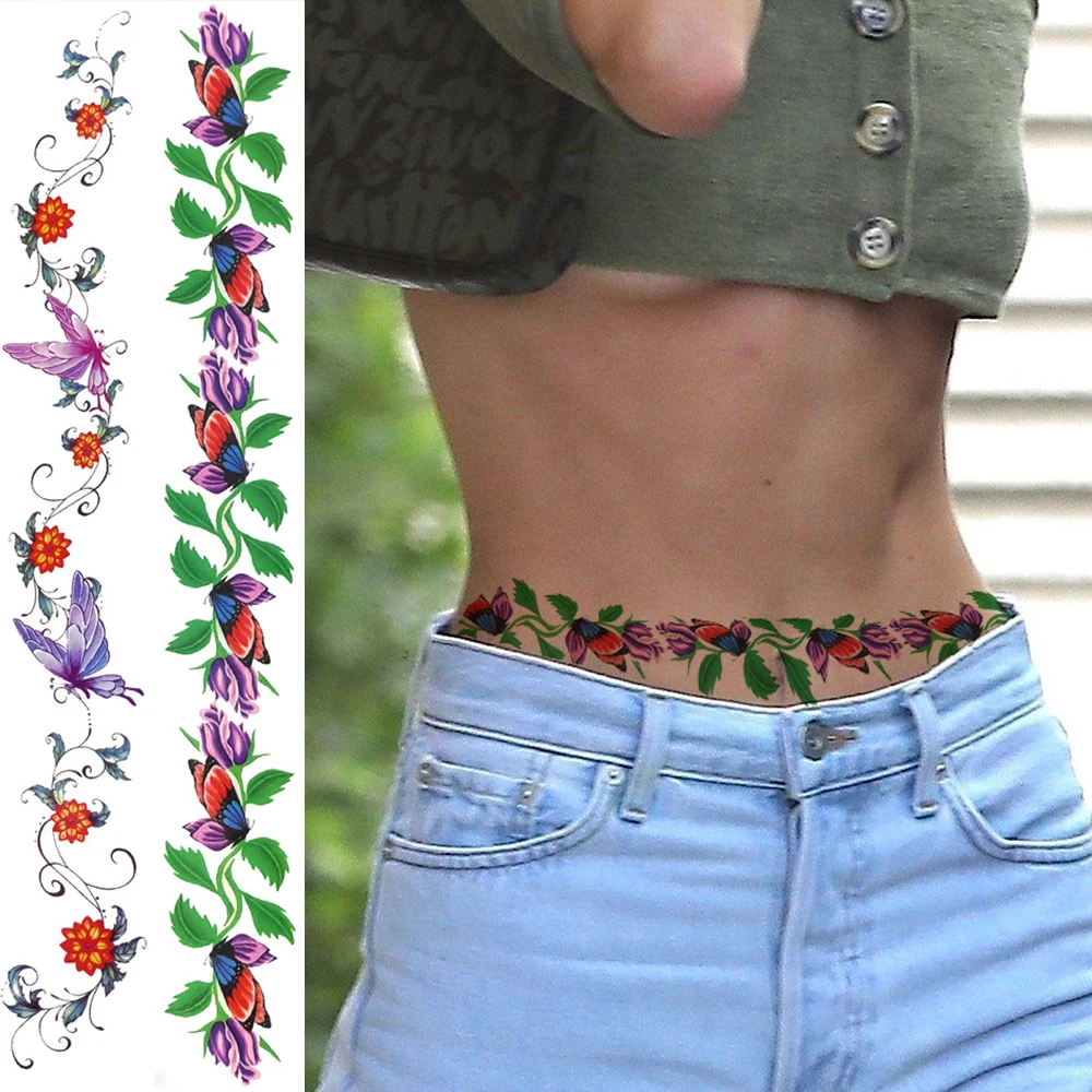 Flower Vines Temporary Tattoos For Women Girls Long Butterfly Tattoo Sticker Fake Watercolour Body Art Painting Waist Tatoo Sexy | Красота и