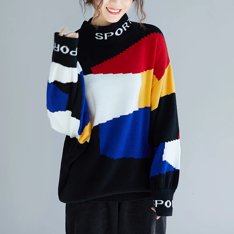 

#3071 Black Spliced Color Pullover Women Streetwear Sweaters Ladies Oversize Loose Turtleneck Plus Size Female Pullovers Autumn
