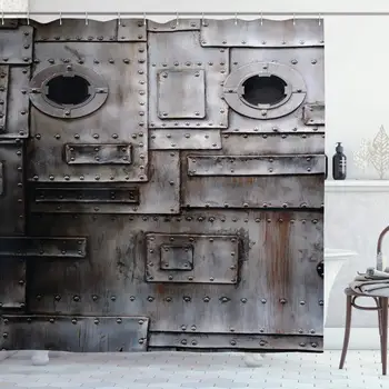 

Industrial Shower Curtain, Rusty Iron Porthole Grunge Scratched Steel Factory Entrance Retro Image, Cloth Fabric Bathroom Decor