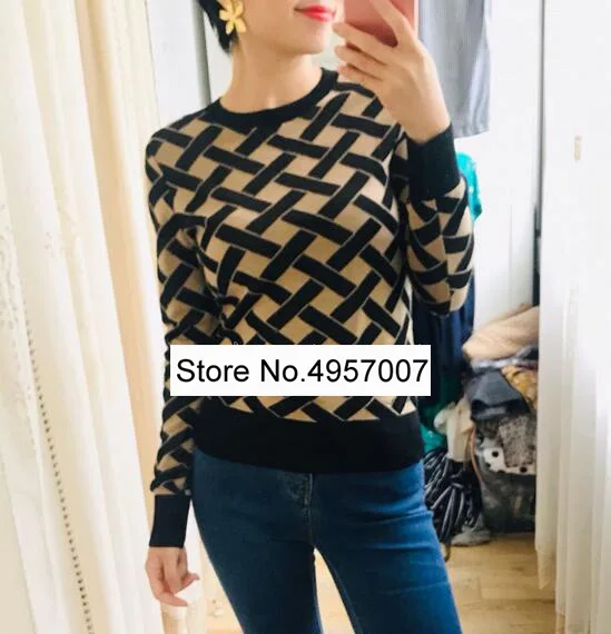 

High Quality Women 2019 Newest Wool 3d Grid Knitted Sweater Pullover Top With Round Neck & Long Sleeve