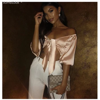 

Bomblook Sexy Low-neck Off Shoulder Satin Bandage Short Sleeve Backless Crop Top 2020 Summer Fashion Women Party Club Clothes