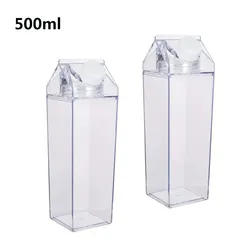 2 Pcs Milk Carton Water Bottle, Clear Square Milk Bottles Portable Plastic Transparent Juice Bottle for Outdoor Sports Camping