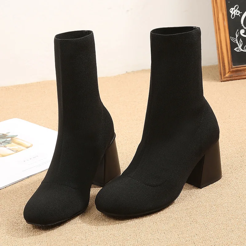 

2019 Winter Stretchy Sock Knitting Woman Tight Boots 7cm Square High Heels Solid Black Square Toe Elegant Rubble Ankle Booties
