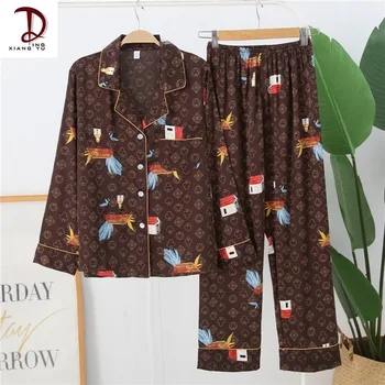 

Thin Printed Silk Pajamas Women's Long-Sleeved Trousers Couple Pajamas Suit Cardigan Two-Piece Set plus Size Men's Homewear