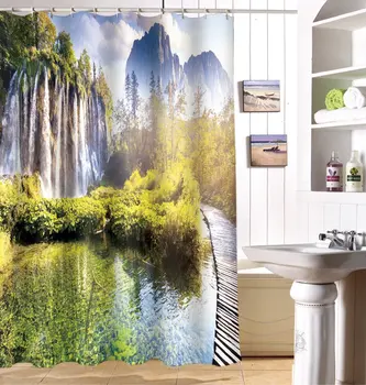 

3D Waterfall Landscape Bathroom Decor Polyester Fabric Shower Curtain with 12 Hooks