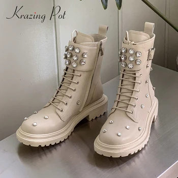 

Krazing Pot genuine leather rhinestone buckle decorations round toe thick med heel zipper beauty lady handsome ankle boots L09