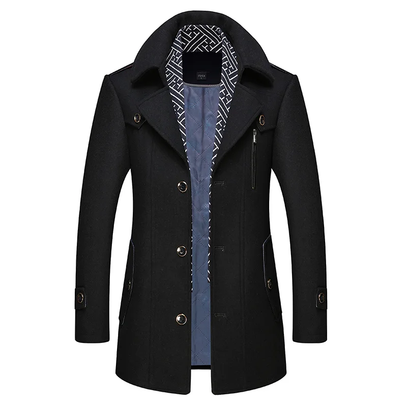 Черный Новинка, Мужская зимняя кашемировая шерстяная куртка, пальто, Мужская Повседневная Деловая однотонная длинная приталенная шерстяная куртка с отстегивающимся шарфом - Цвет: Черный