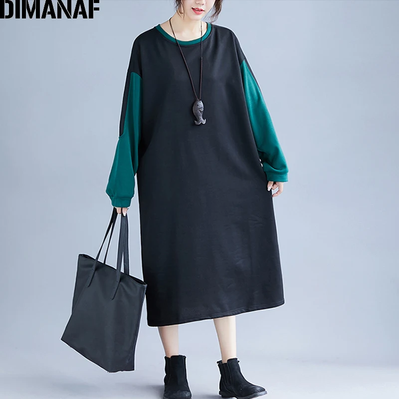 

DIMANAF Women Dress Plus Size Autumn Winter Vestidos Patchwork Black Thick Cotton Loose Female Lady Long Sleeve Basic Dress 2019