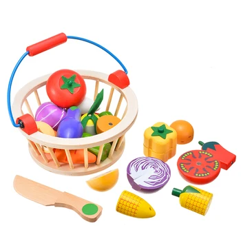 

14pcs Wooden Kids Cut Up Fruit Vegetable Food Toys Set with Shopping Basket Children Kitchen Food Educational Gift