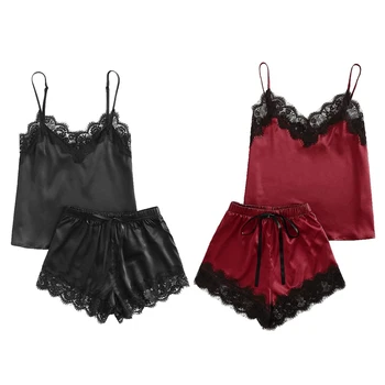 

2 Set Lounge Sleep Pyjama Set Satin Sleepwear Women Summer Pyjama Female Pyjamas for Women with Lace Chest L Black & Red