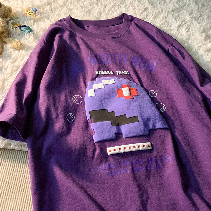 Cute Little Dinosaur Pattern Printed T-Shirt Summer Loose Large Size Multi-Color Cartoons Japanese Tops Y2k Casual Cotton Tees