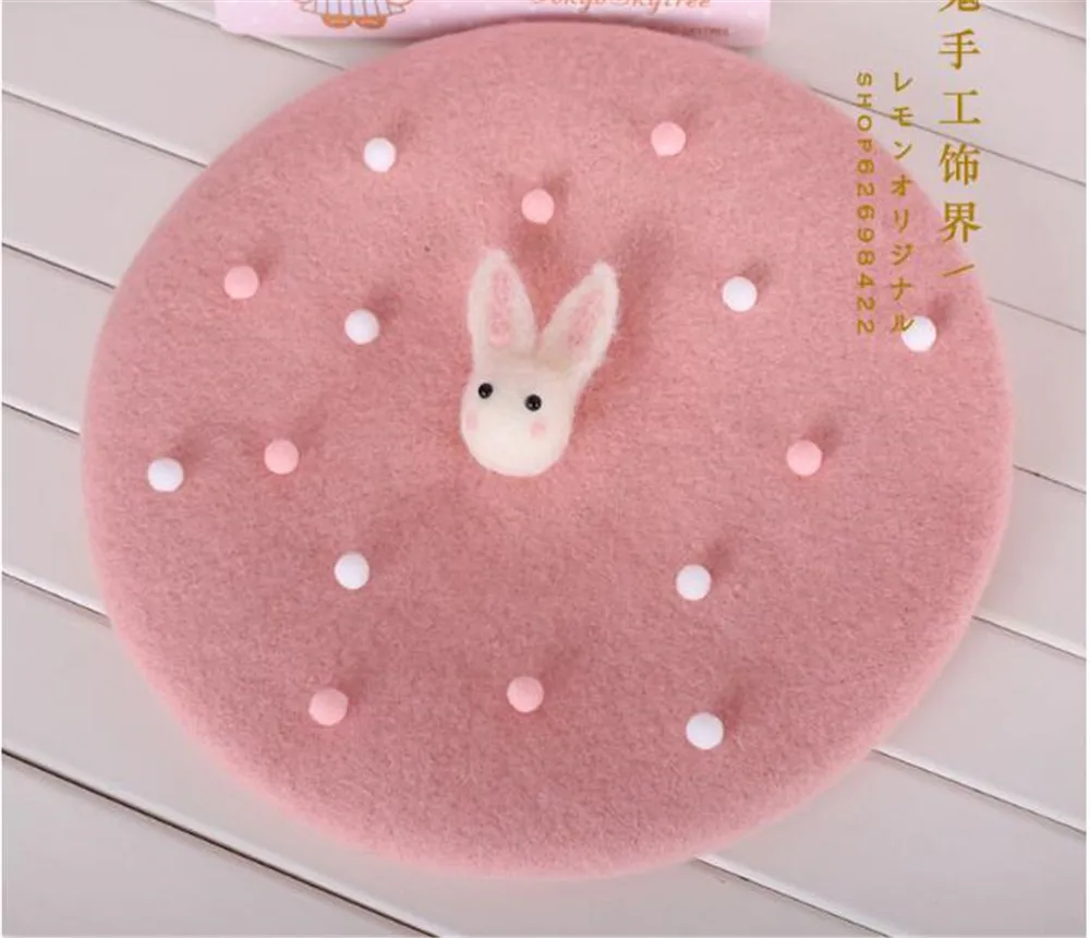 pink hat Сладкий Лолита милый кролик венонат Французский Берет японский ручной работы Женская Классическая шерсть фетр художника шляпа B477 - Цвет: pink hat