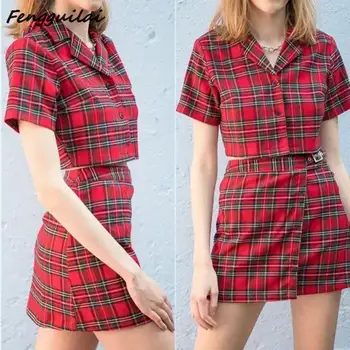 

New Harajuku Plaid Suit Retro Female Summer New Casual Short Sleeve Blouse Top + High Waist Mini Skirt Women Red Two-piece Set
