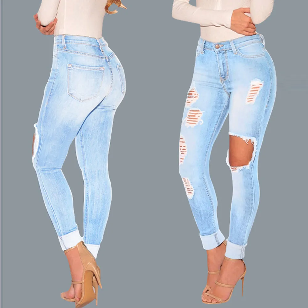 Womail, новинка, осенние джинсы для женщин, джинсы с высокой талией размера плюс, обтягивающие узкие джинсовые штаны с дырками, синие женские джинсы AG22