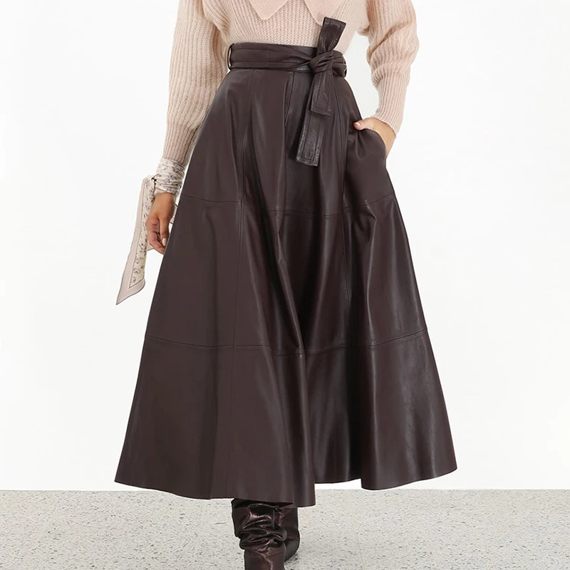 SISPELL/Женская юбка в Корейском стиле, с высокой талией, со шнуровкой, однотонные кожаные юбки большого размера, Женская Осенняя коллекция года, модная новая одежда