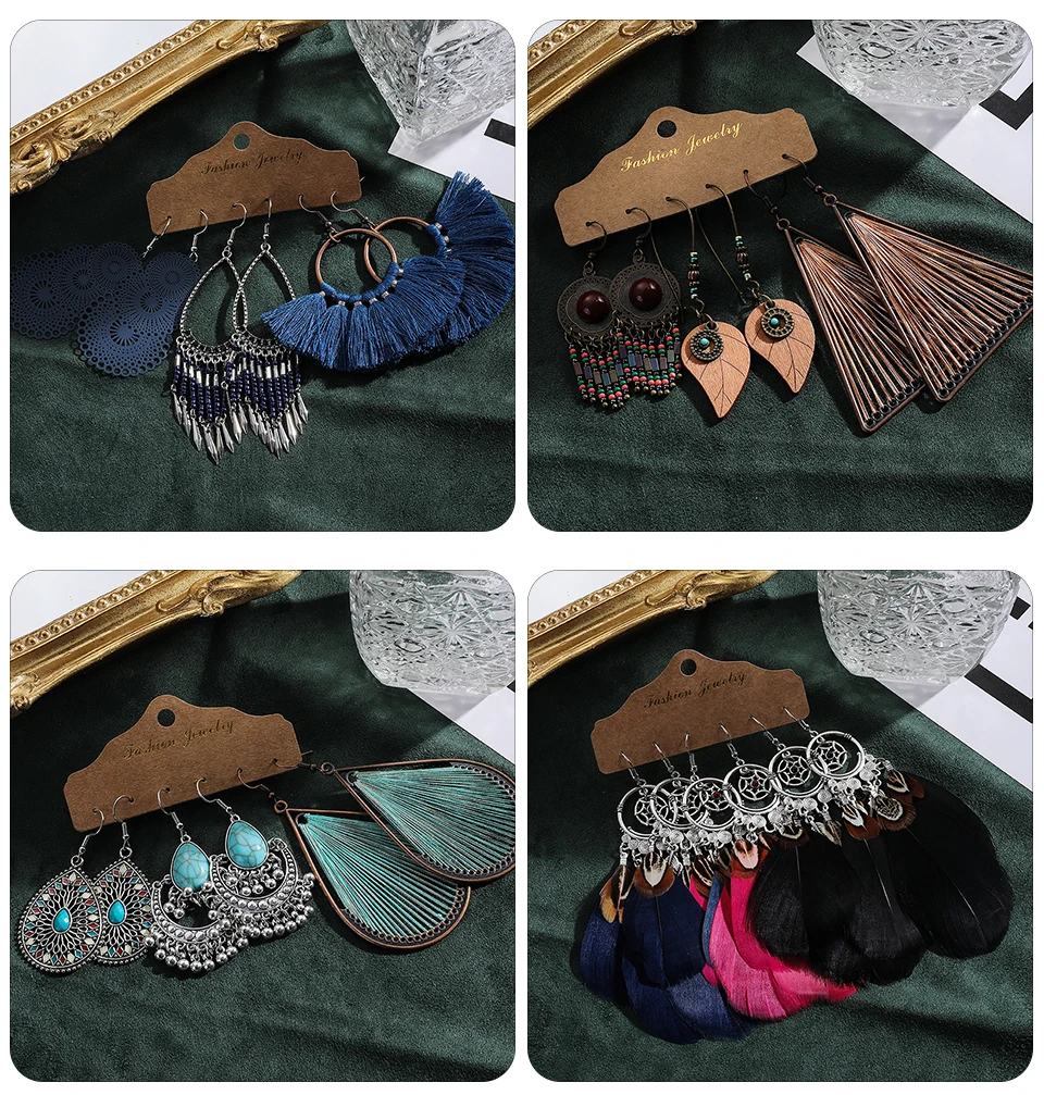 Ethnic Sundry Color Feather Tassel Earrings Sets Bundles for Women 2020 Boho Vintage Metal Water Drop Earring Jewelry Gifts Accessories Wholesale Dropshipping (248)
