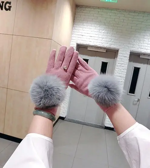 Женские осенне-зимние Утепленные шерстяные перчатки из меха лисы, женские кашемировые перчатки с сенсорным экраном, зимние перчатки для вождения R2265