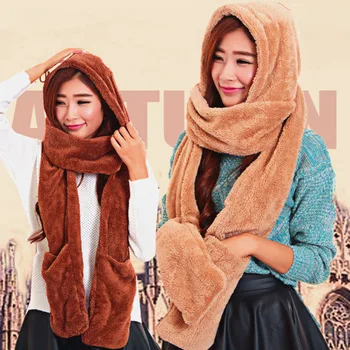 

3 in 1 Women Warm Hood Scarf Snood Pocket Gloves Hat Comfortable for Winter Outdoor FS99