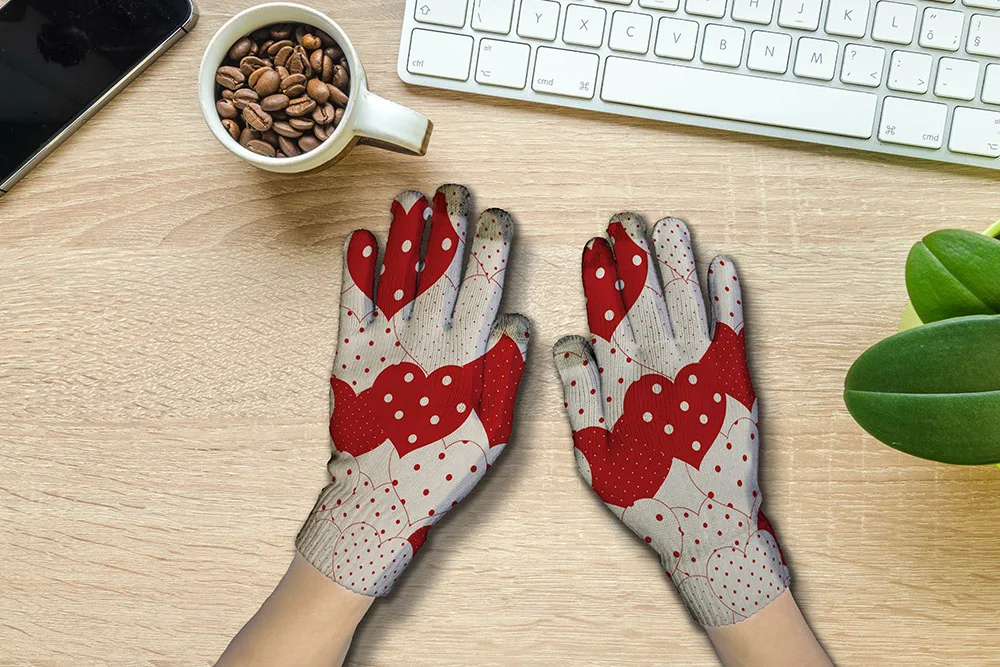 New Couple Women's Winter Gloves Pink Heart 3D Printing Ladies Knitted Gloves Unisex Autumn Outdoor Leisure Stretch Gloves