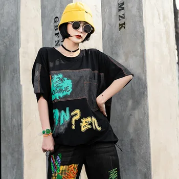 

Jean Patchwork Tops Women Punk Fashion Style Ladies Tee Shirts Womens Vintage Printed Tshirts Casual Tshirts LT042S50