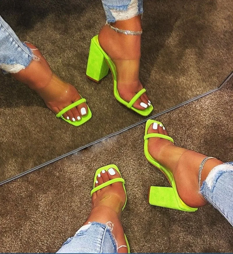 

2019 Women Transparent Sandals Ladies High Heel Slippers Candy Color Open Toes Thick Heel Fashion Female Slides Summer Shoes -80