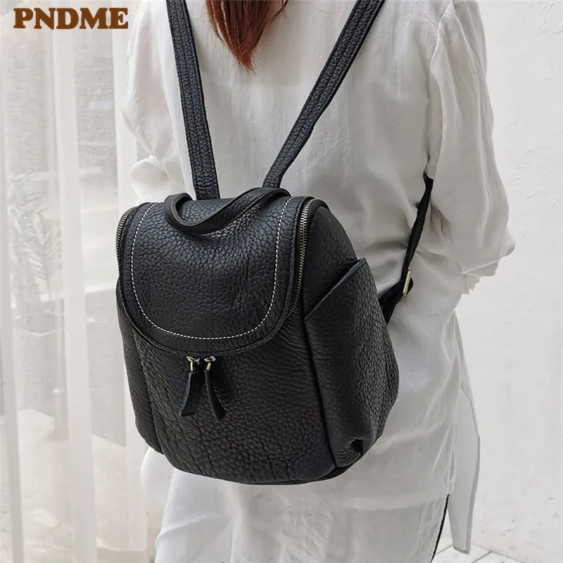 

PNDME casual genuine leather ladies small backpack fashion vintage high quality cowhide women's mini cute bagpack black bookbag