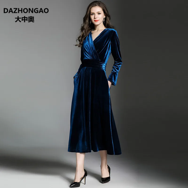 

Ozhouzhan WOMEN'S Dress 2017 Autumn And Winter New Style V-neck Waist Hugging Slimming Elegant Velvet Big Hemline Dress Long Ski