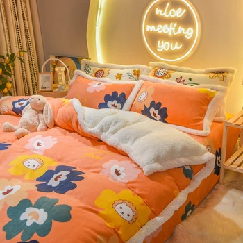 

Orange Flowers Bedding Sets 4pcs Soft Warm Lamb Cashmere Quilt Cover Set Pillowcase Winter Flat Sheet Solid Fleece Cover Sets