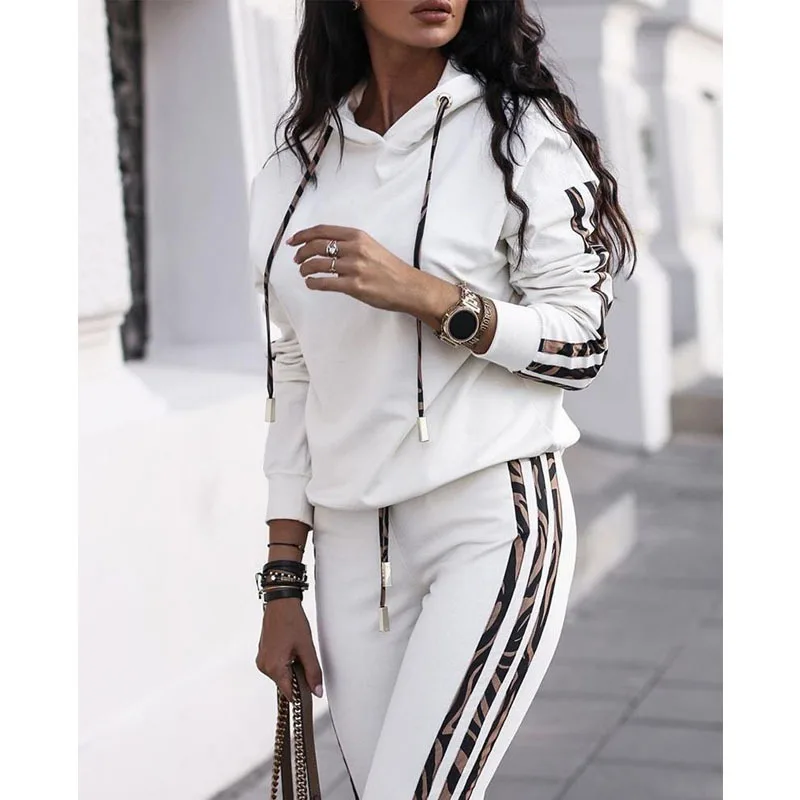 

Autumn Winter 2020 Women Hooded Tracksuit Set Drawstring Pullover Sweatshirt And Tight Pants Casual Wn*