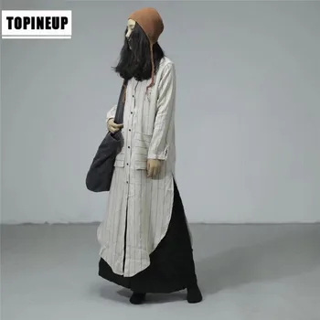 

New 2019 fashion Vertical Striped Print Pure Linen Shirt Female Long Sleeve Round collar drop back hem Shirt