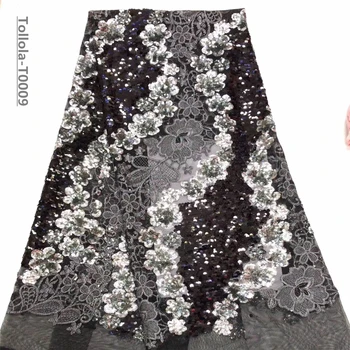 

Black silver African lace fabric,embroidered flower net lace,high quality Nigerian lace fabric with Sequins for wedding dress