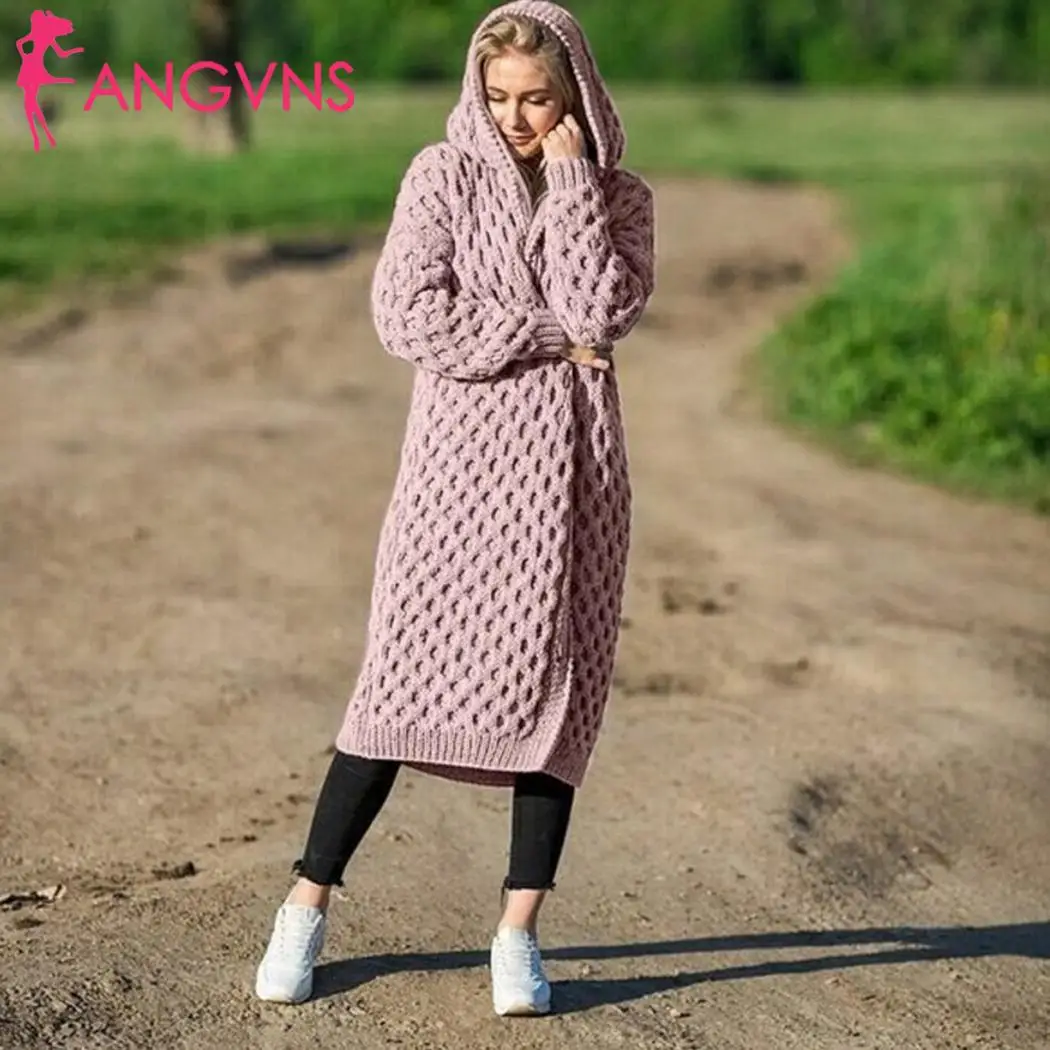 Женский вязаный кардиган с капюшоном, пальто, повседневный однотонный свободный свитер с длинными рукавами, осень, зима, верхняя одежда