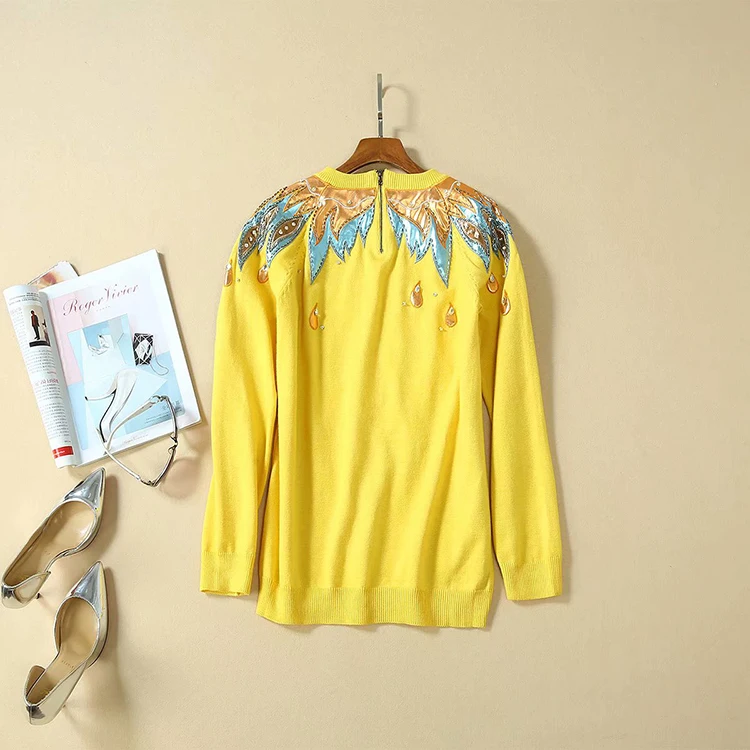 VERDEJULIAY Runway Yellow Sweater Autumn Winter Fashion New Luxury Beading Diamonds Patch European Top
