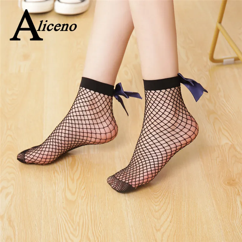 

2 Pairs/Lot Women's Breathable Black Bow Knot Fishnet Socks.Sexy Hollow Out Mesh Nets Socks Ladies Girl's Lolita Style Bow