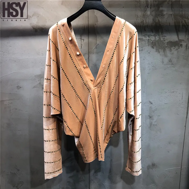 【HSY】2019 осень зима новые женские горячие полосы розовый бархат с длинным рукавом