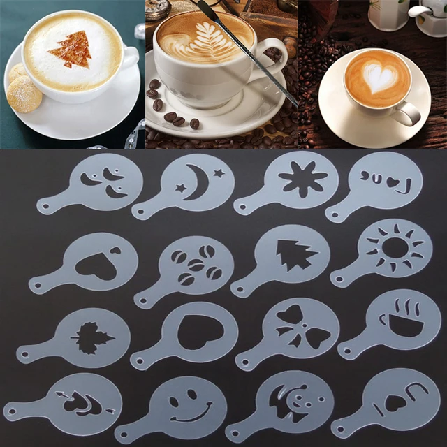 16 Darabos Penész Kávé Tej Torta Cupcake Sablon Barista Cappuccino Strew Pad Duster Spray -Szerszámok