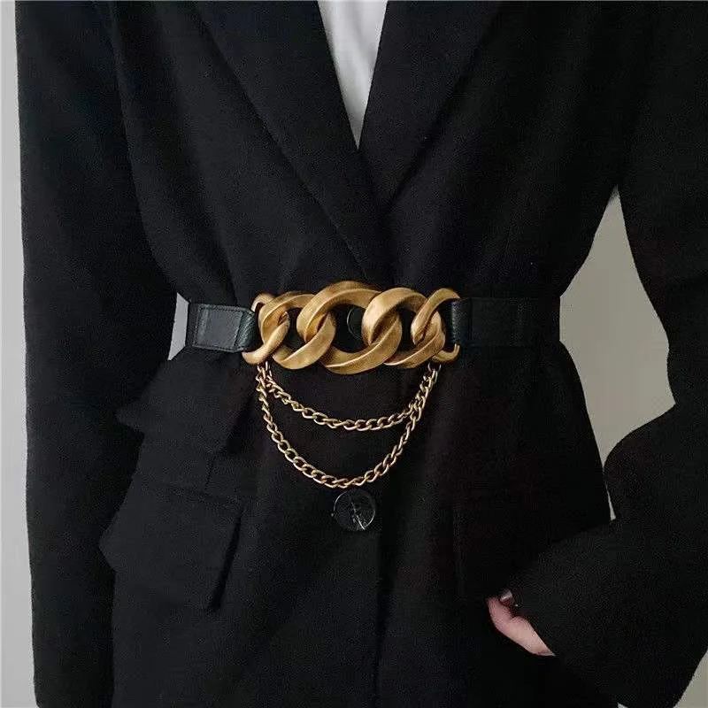 Fashionable Personality Metal Chain Elastic Lady Waistband European American Retro With Windbreaker Coat Decorative Ladies Belt