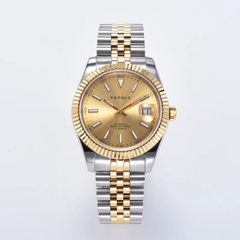 

New Arrival Parnis Gold Dial Miyota 8215 Automatic Movement Mechanical Men's Watches Calendar Mens Wristwatch zegarki meskie box