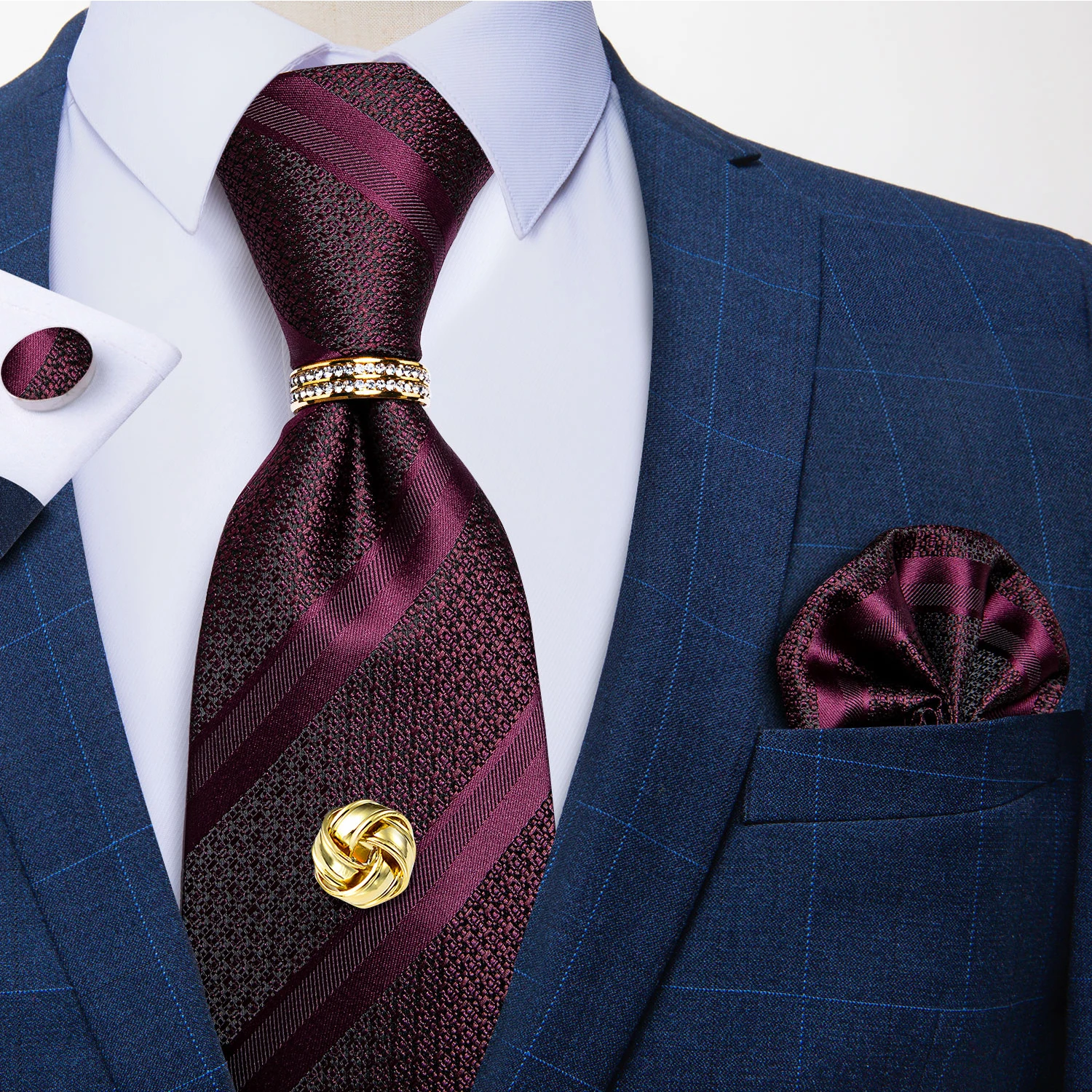 

Men's Tie 8cm 100% Silk Burgundy Red Striped Necktie Pocket Square Cufflinks Set Business Wedding Formal Necktie For Men DiBanGu