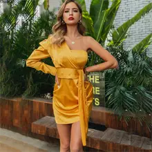 Glamaker un hombro elegante satén sexy vestido vintage tubo Retro corto vestido de fiesta mujeres vestido de verano amarillo vestidos de fiesta