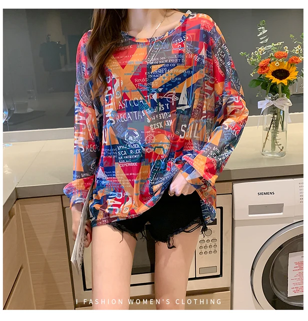 Disney 2021 Summer Famous Anime Mickey Mouse Brand Mesh Shirt Women Sun Protection Transparent Long Sleeve Blouse Ladies T-shirt 3758