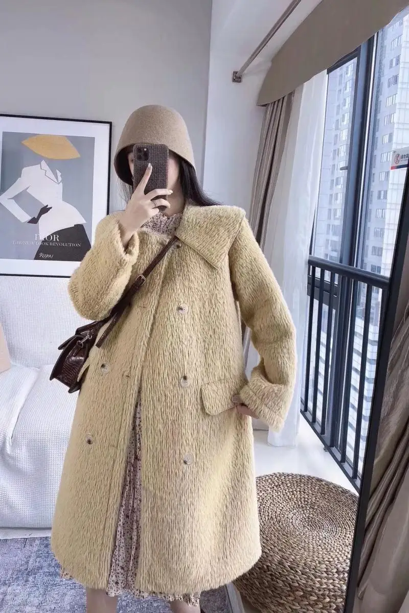 

Faux Mink Cashmere Thick Coat Women's 2019 Autumn And Winter New Style Western Style Peter Pan Collar Double Breasted Loose-Fit