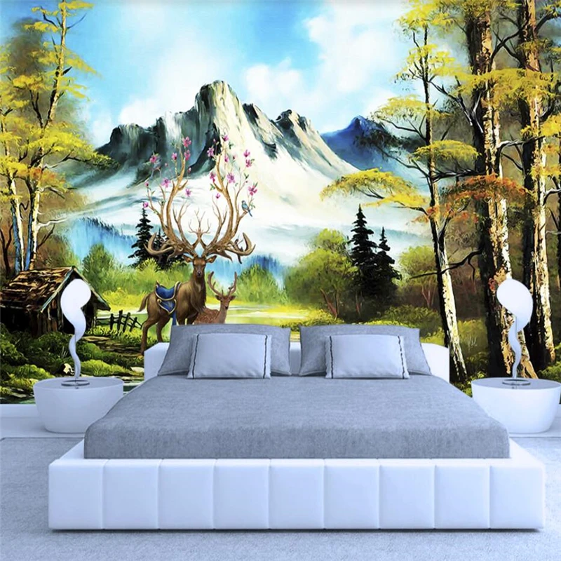 Customize European Landscape Mountain Elk Forest Oil Painting Wall Custom Large Mural Green Wallpaper papel de parede | Обустройство