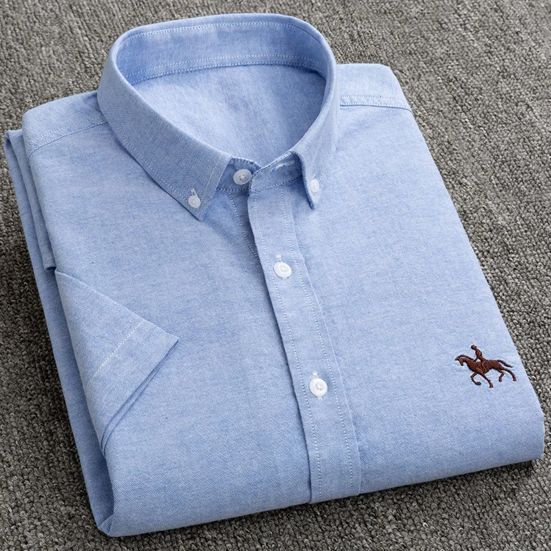 Summer Oxford Cotton Men Shirt Short Sleeve Social Casual Solid Formal Comfort Button-down Official work Dress shirt